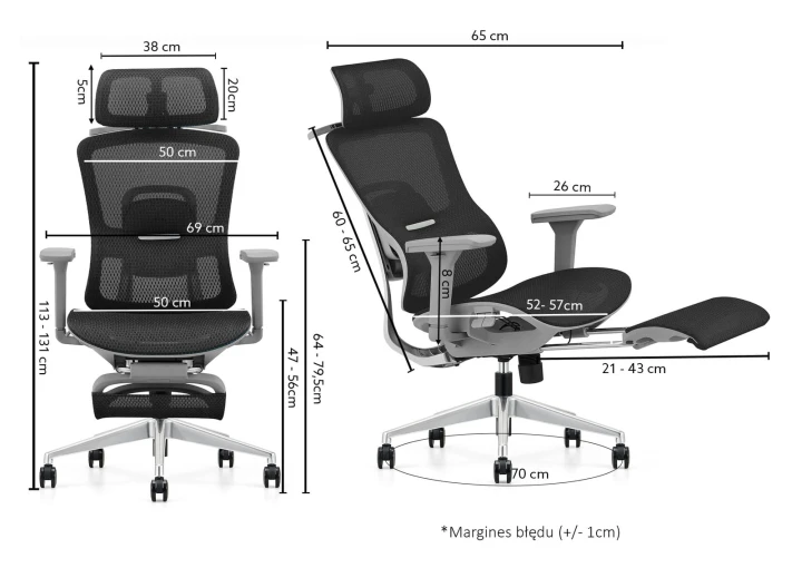 Fotel ergonomiczny biurowy obrotowy z regulacją Homer Czarno-Szary