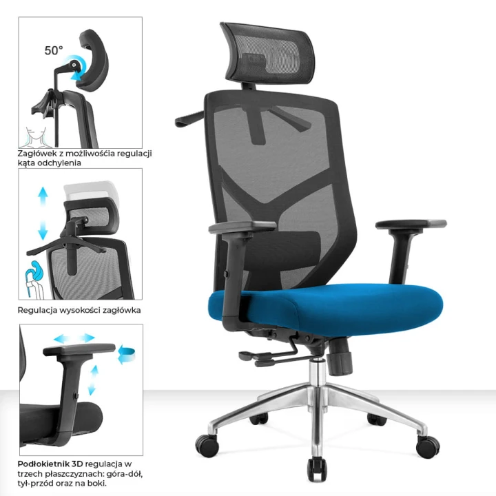 Fotel biurowy ergonomiczny do biura i domu regulacją niebieski