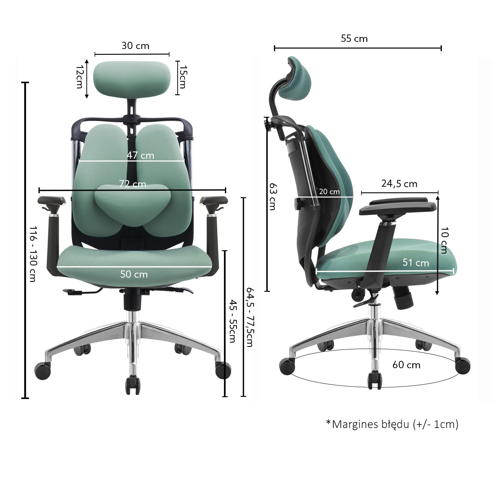 Fotel biurowy ergonomiczny z regulacja wymiary