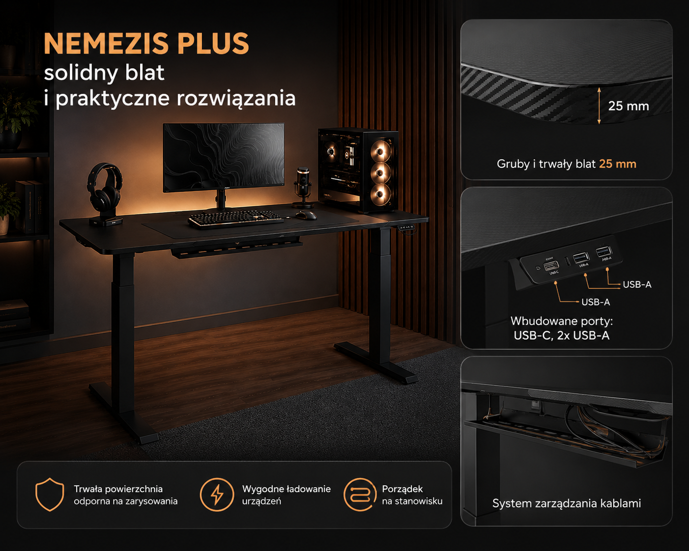 biurko regulowane elektryczne z usb-c